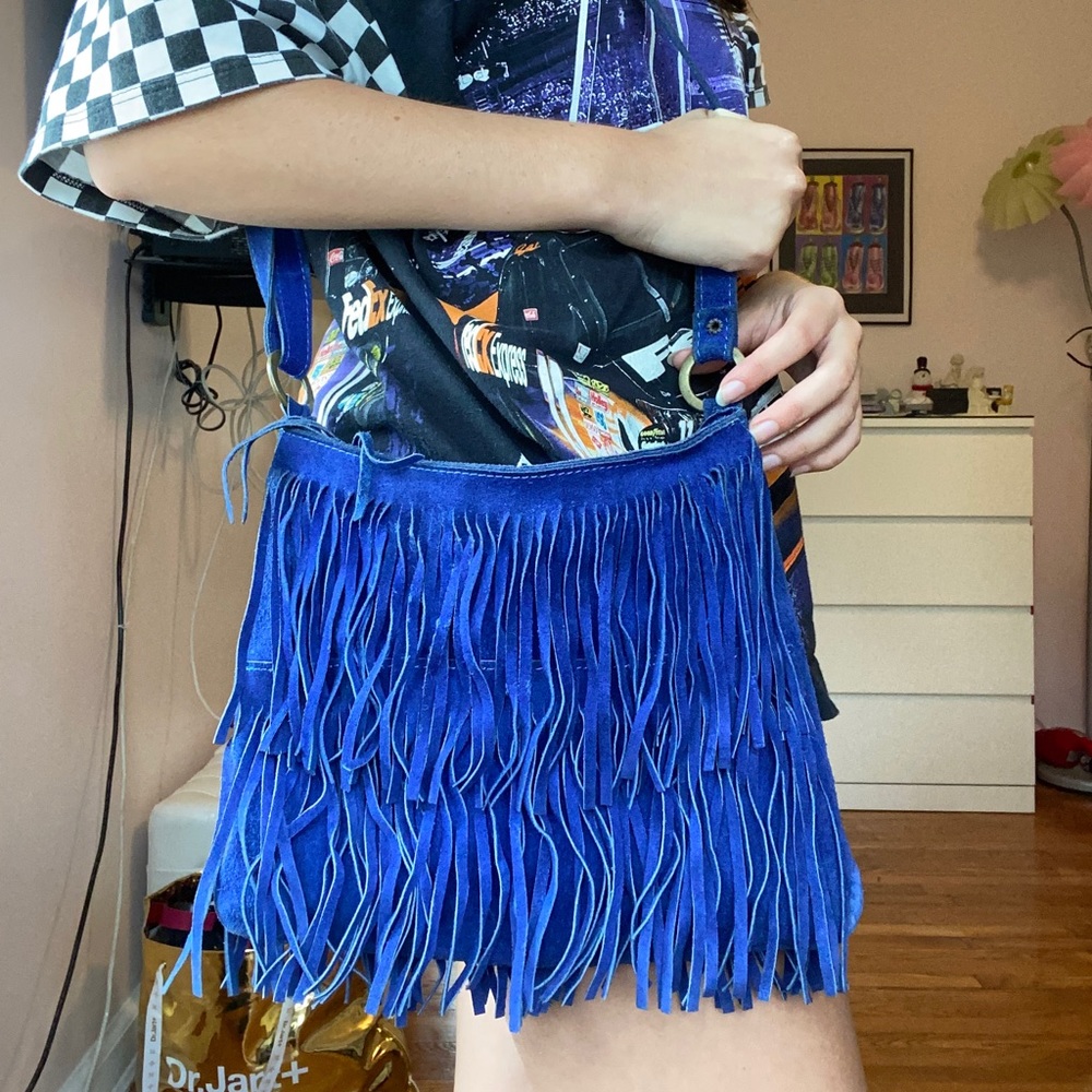 Blue suede fringe crossbody